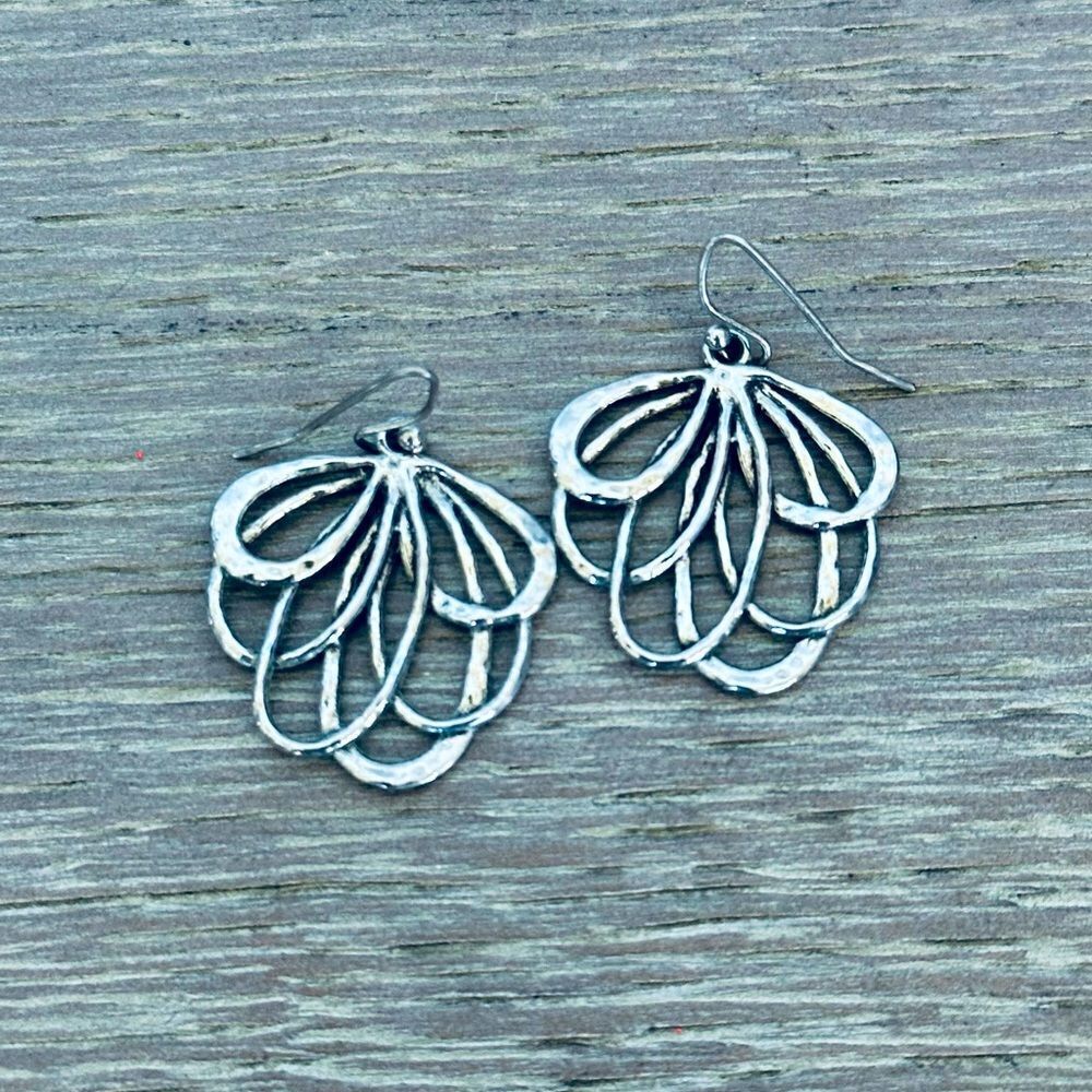 Hammered Silver Rustic Floral Teardrop Earrings